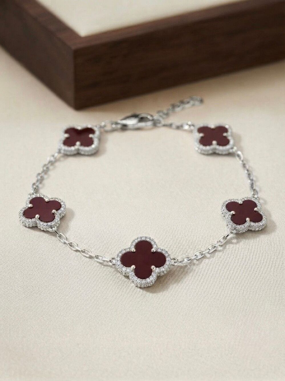 Texas Aggie Maroon Stone Clover Silver Bracelet Moissanite Accents Adjustable